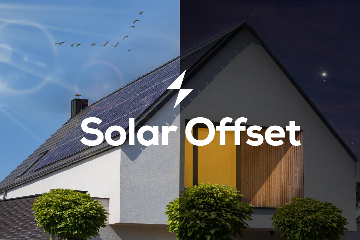 A picture of a white home with black solar panels on the roof, with sunshine on the left part of the image, and nighttime on the right part of the image, and the words "Solar Offset" over top of the background, showing how solar panels are offsetting the electricity needs of that home throughout the day over the course of a year.