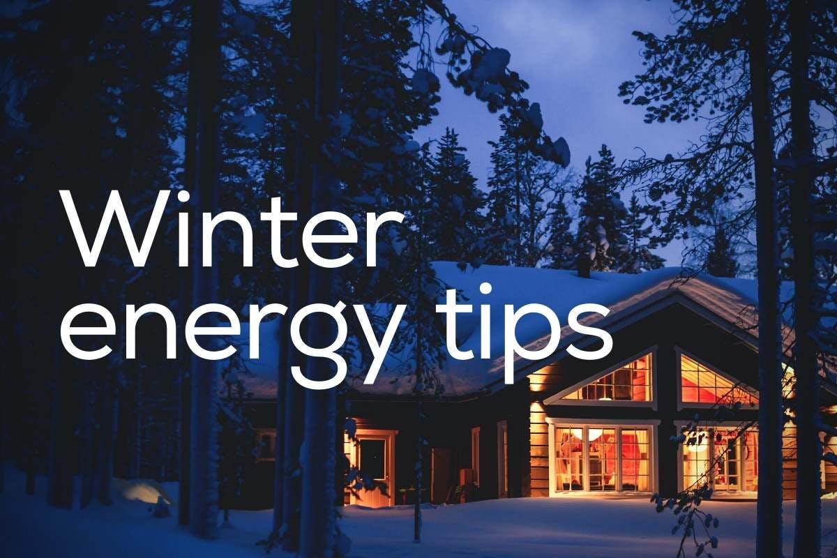 The words "winter energy tips" over top a snowy house. 