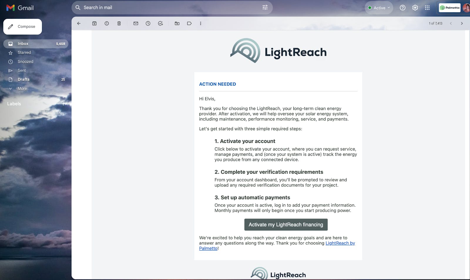 Screenshot of the invite email that is received to activate your LightReach account.
