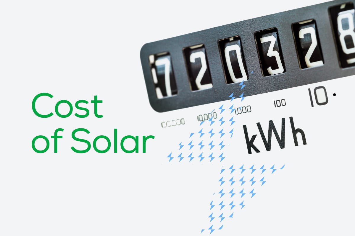 The words "Cost of Solar" over an image of an electric meter, representing the calculation of solar pricing with Price Per Watt (PPW) vs Levelized Cost Of Energy (LCOE).