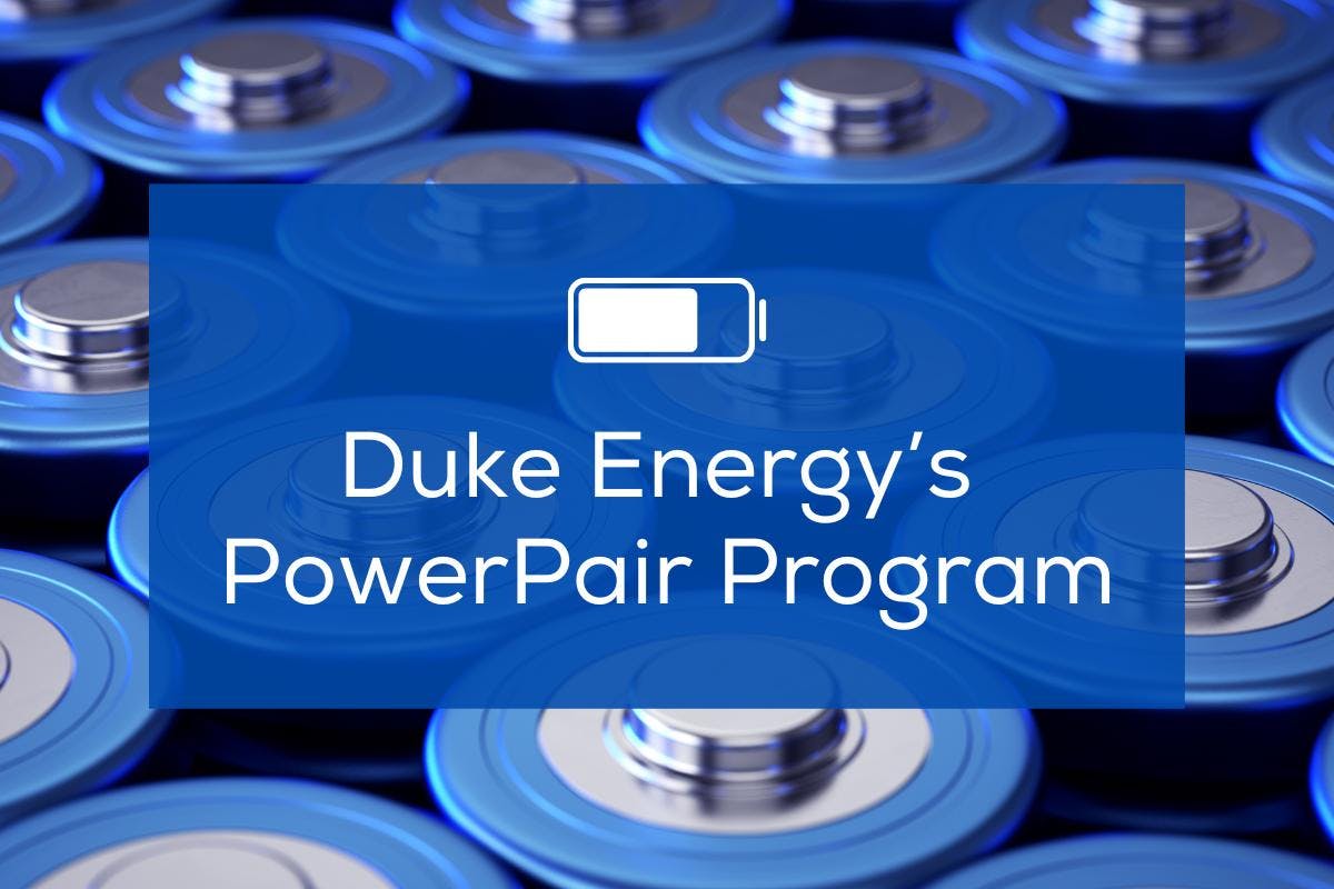 An image with white text that says "Duke Energy's PowerPair Program" over a background of blue batteries. 