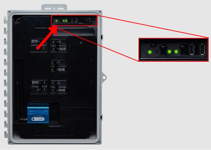 Enphase IQ Combiner with red box and arrows to indicate the the combiner has connected succesfully.