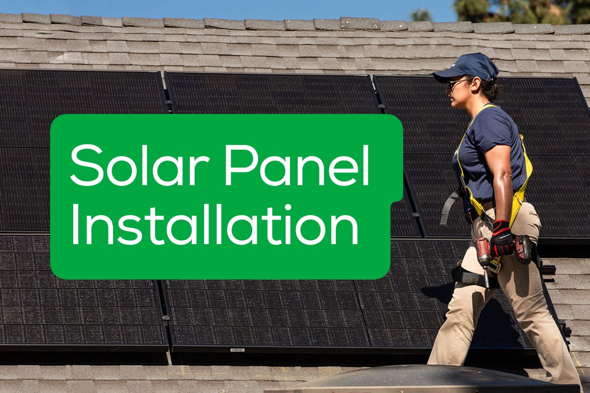 A Palmetto solar panel install technician holding tools on the right side of the image, with solar panels on a roof that fill up the rest of the image, and white words that say "Solar Panel Installation" sit on a green background over top.