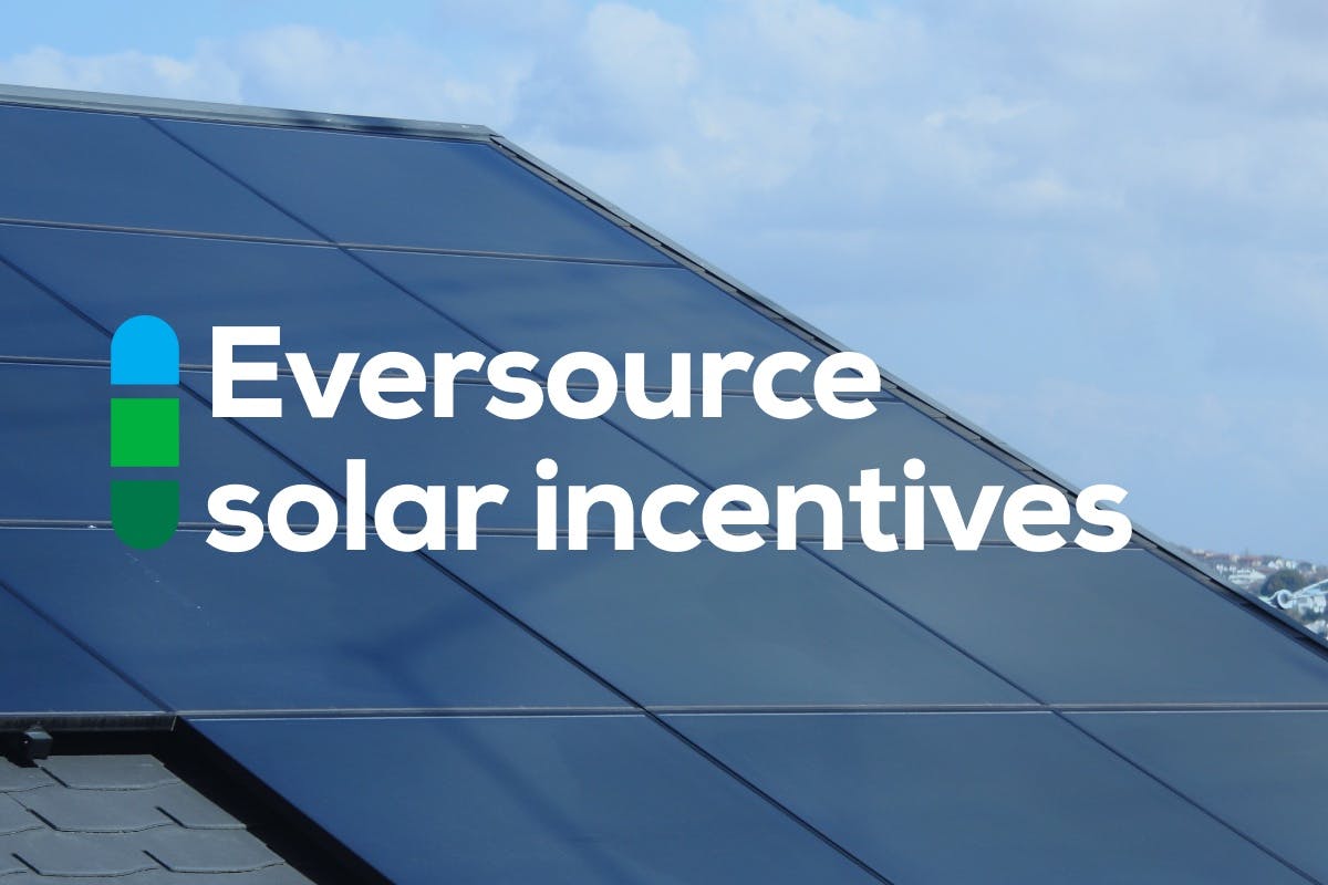 The words "Eversource Solar Incentives" over an image of solar panels on a Massachusetts home's rooftop, representing how Eversource Energy customers in MA can benefit from a variety of solar tax credits and other financial incentives.