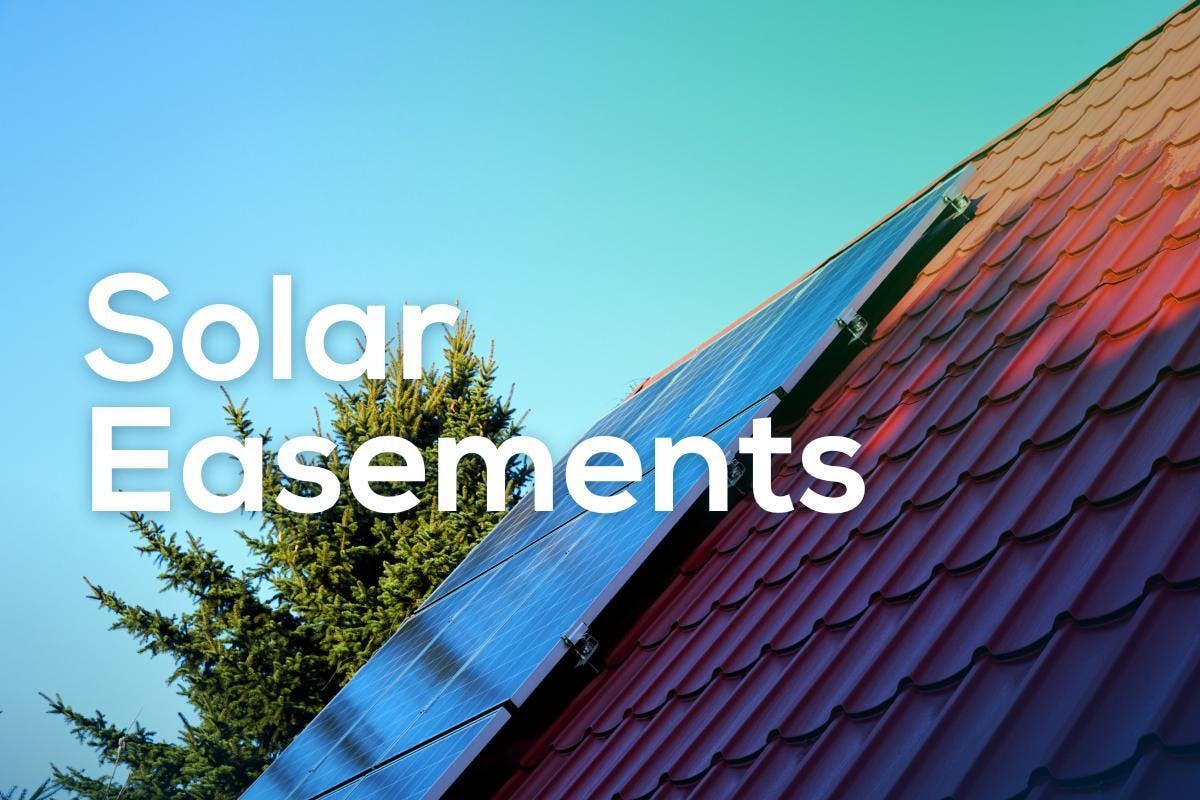 The words "Solar Easements" over an image of solar panels on a roof covered by the shade of nearby trees, representing what solar easements are, how to tell if you need a solar easement, how to create a solar easement, and whether solar easements are worth it.