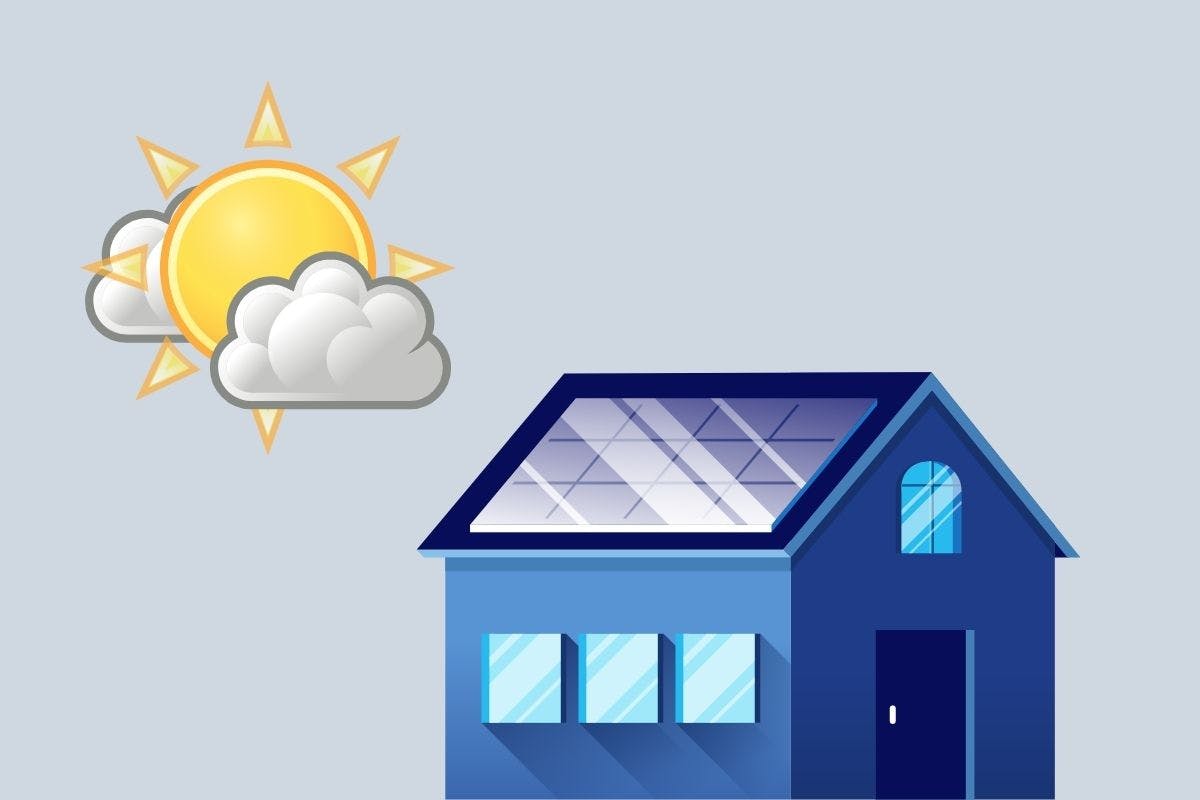 Image of clouds blocking the sun near a blue home with rooftop solar power, showing that solar panels work on cloudy days.