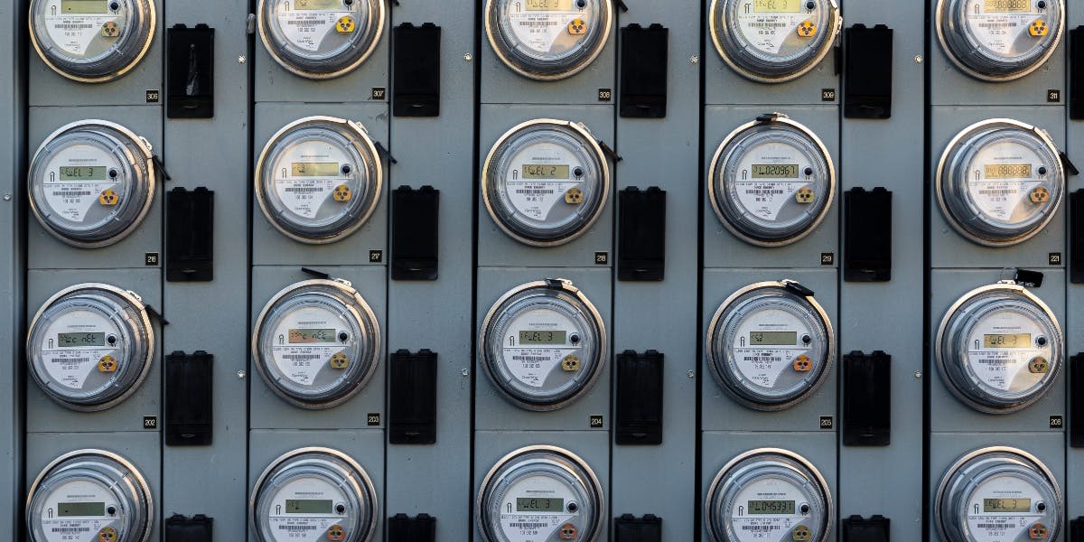 A wall of electricity meters.