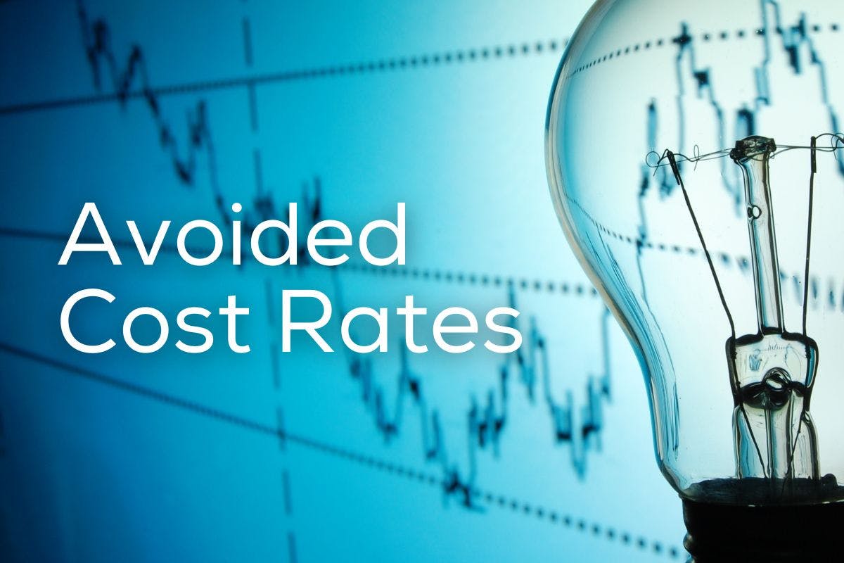 The words "Avoided Cost Rates" over an image of a lightbulb and a chart, representing the definition of avoided cost rates, avoided costs in net billing vs. net metering, factors that affect rates, the value of solar avoided cost rates, and more.