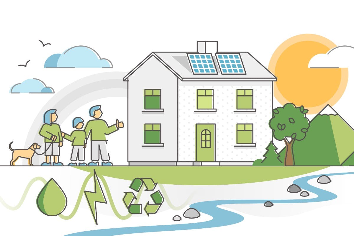 Family of three wearing green shirts standing by a white house with a green door, green windows, and blue rooftop solar panels, reviewing tips on how to go green at home.