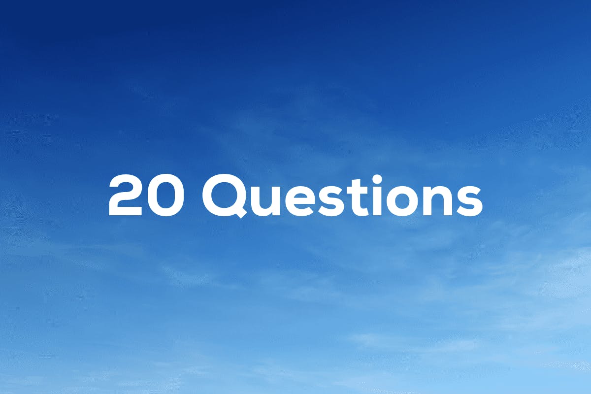 The words "20 Questions" over a sky background, representing how to make sure you have the best possible experience when going solar with 20 questions you can ask your solar advisor at your next solar consultation.