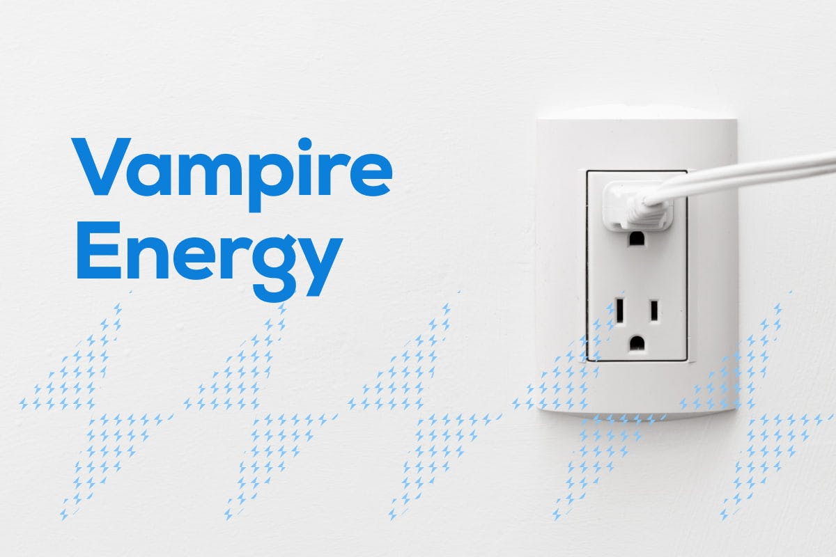 The words "Vampire Energy" in blue over a white and blue background, with an electrical outlet and a plug on the right, representing vampire power and proven ways to get rid of it.