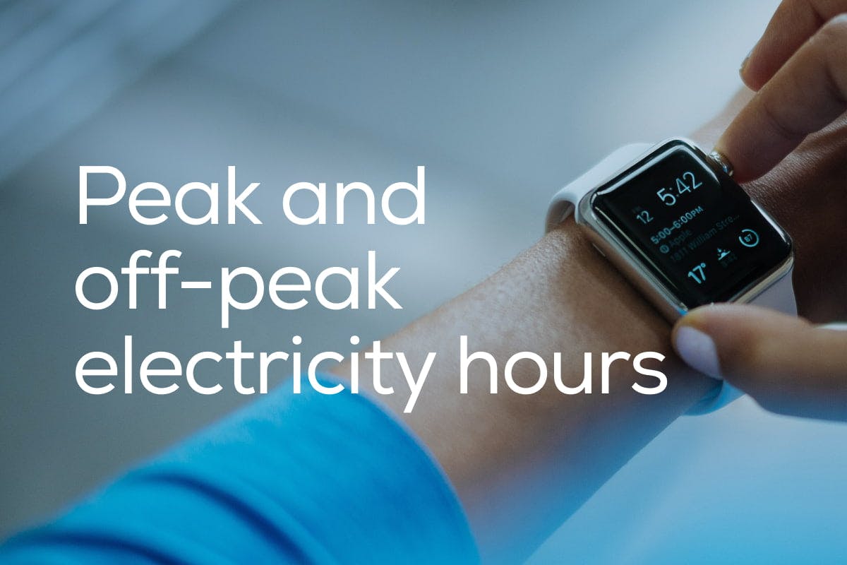 A smartwatch with a black face and a white band reading 5:42 in on a person's left wrist, while their right hand interacts with the device, as they check what TOU rate period they are in. The words "Peak and Off-Peak Electricity Hours" are above the image.