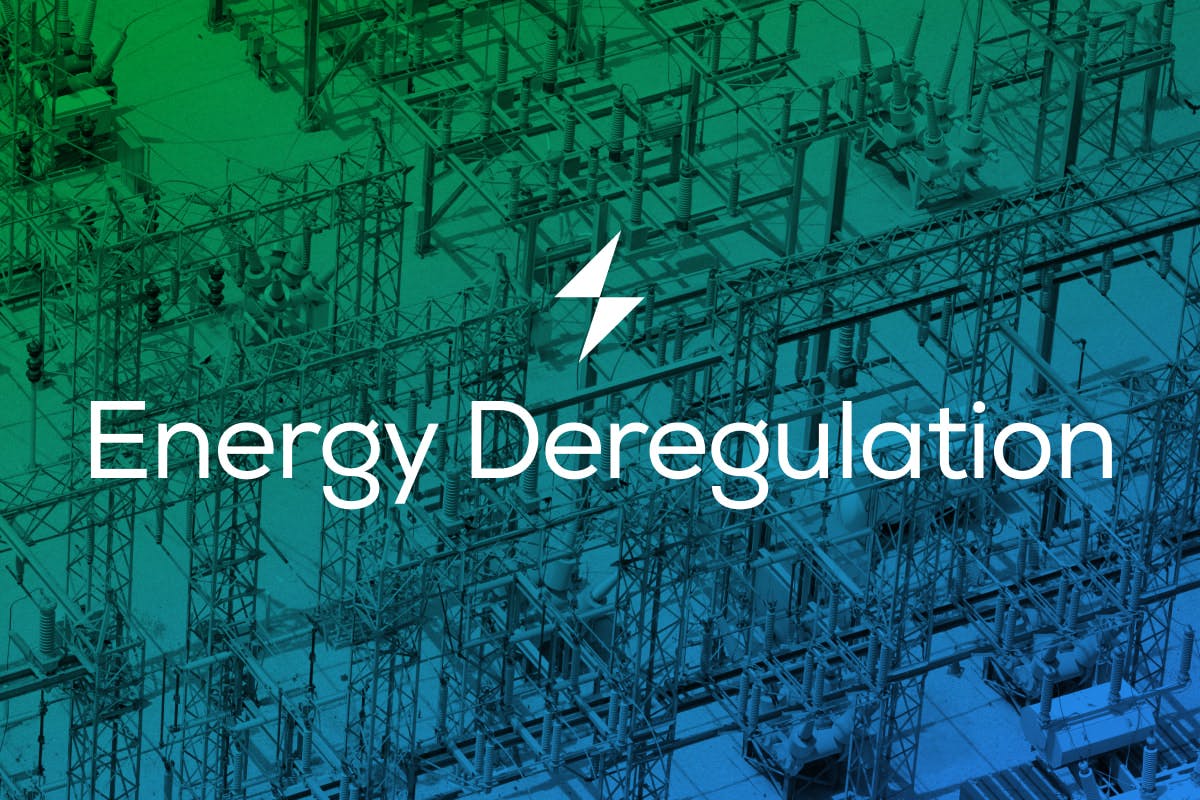 The words "Energy Deregulation" in white, over top of a green, blue, and black diagram representing the electricity grid.