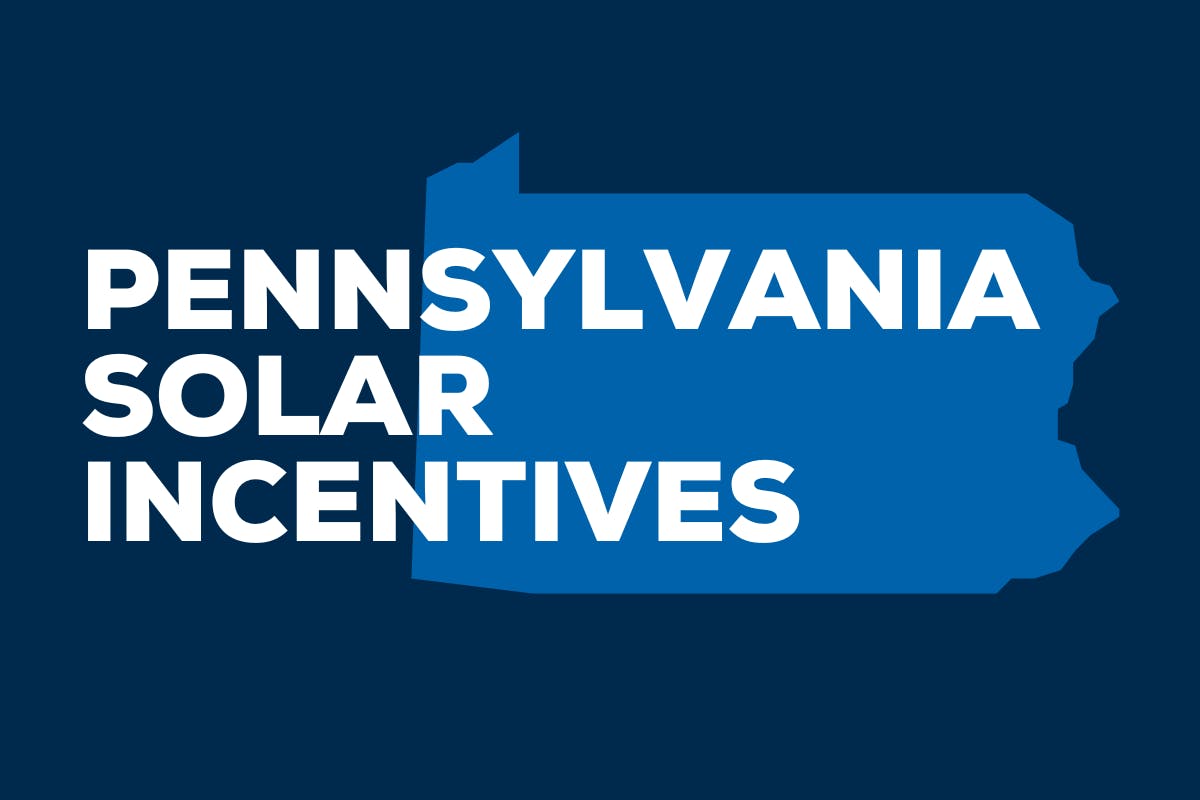 The words "Pennsylvania Solar Incentives" on a dark blue background, over and outline of the state silhouette of PA.