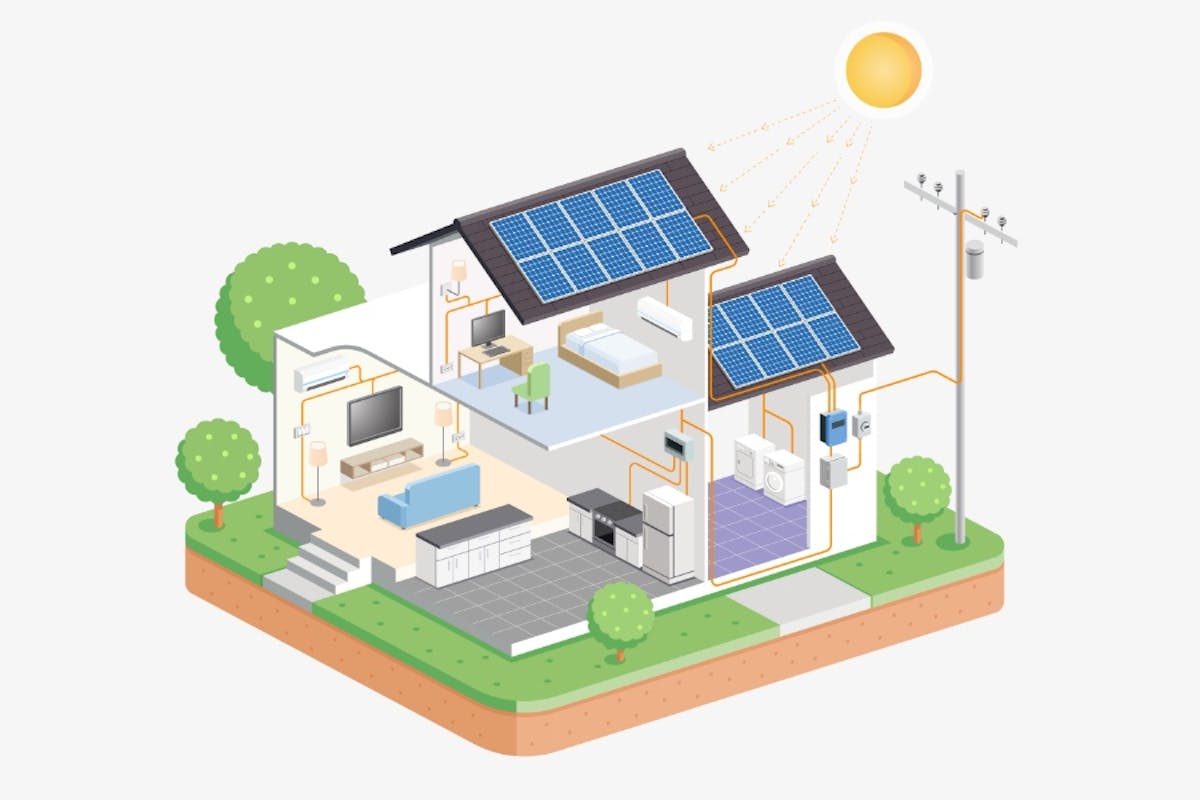 Illustration of a home powered by solar, showing how solar energy works, step by step.