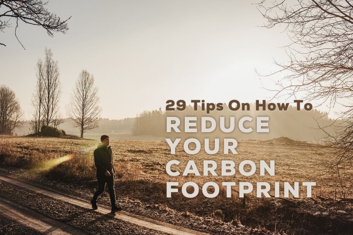 Man walking on an open road, next to an open field surrounded by trees, with the words, "29 Tips On How To Reduce Your Carbon Footprint" on the right side.