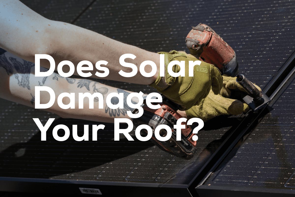 The words "Does Solar Damage Your Roof?" over an image of a female solar installer bolting down solar panels, representing ways to avoid solar roof damage when going solar, and what to ask your solar installer to make sure your solar panels don’t cause roof damage.