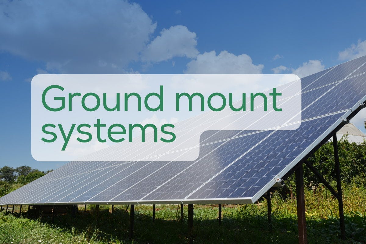 A ground-mount solar panel array sits on a field of green grass under a blue sky, with the words "Ground Mount Systems" over top.