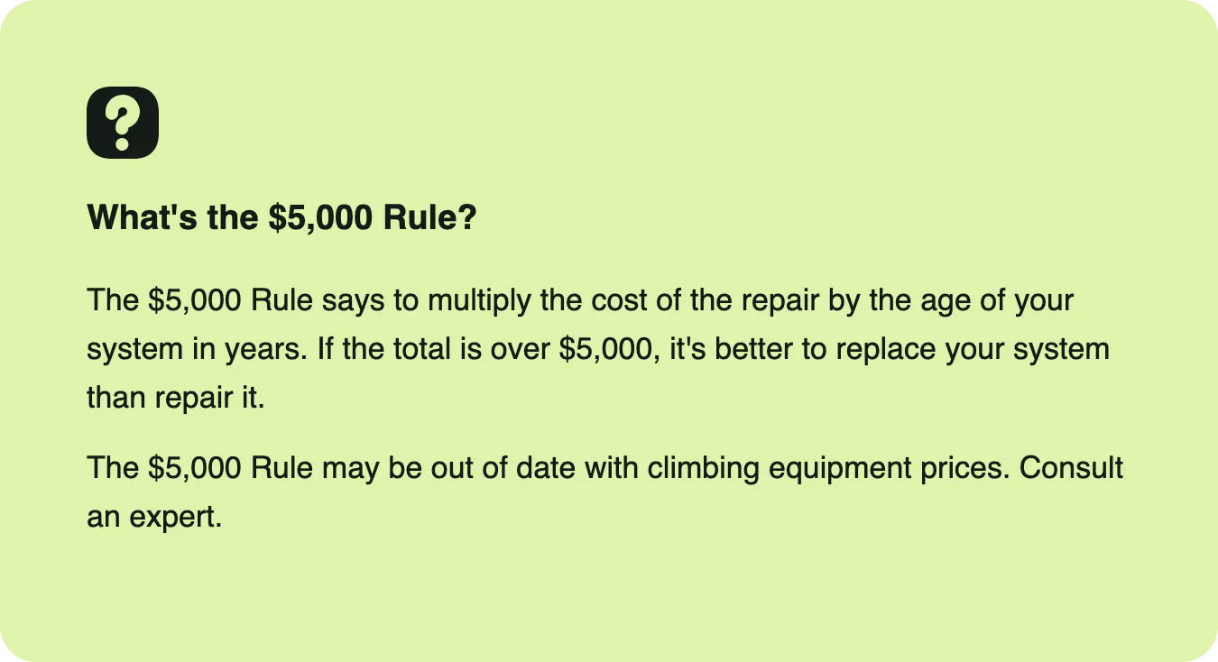 A callout box explaining the $5,000 rule for HVAC repair.