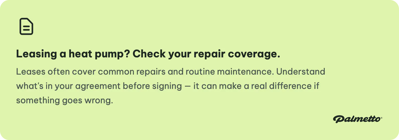 A callout box highlighting repair coverage in heat pump leases.