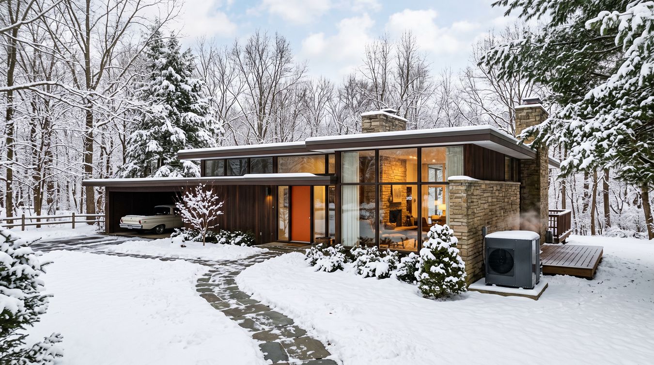 A home heated by a heat pump in winter.