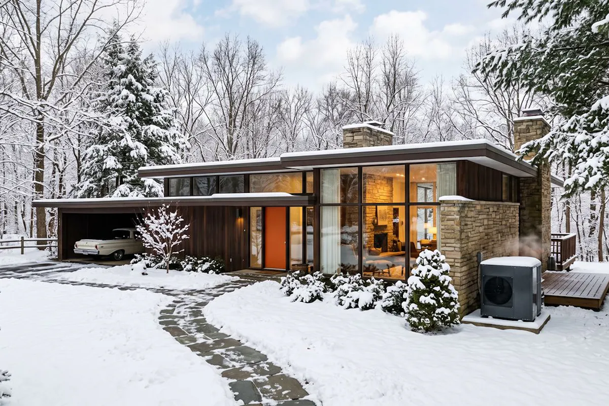 A home heated by a heat pump in winter.
