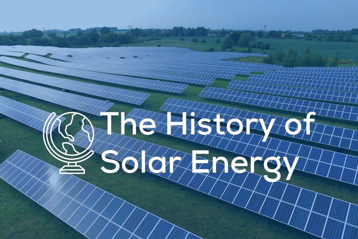The History of Solar Energy next to a globe on a background showing a large solar panel installation.