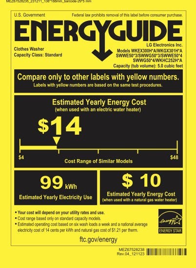 An EnergyGuide label for an LG laundry tower.