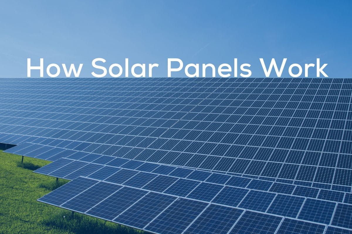 Utility scale solar installation with the words "How Solar Panels Work" above.