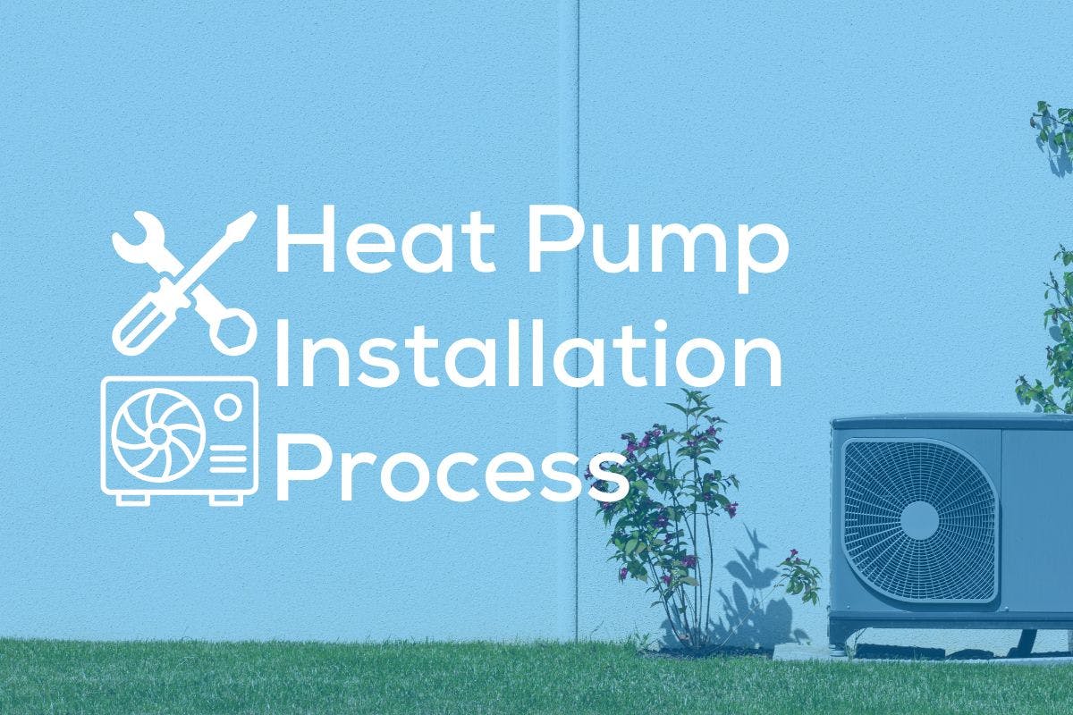"Heat pump installation process" and icons of tools and heat pumps on a blue background showing a heat pump.