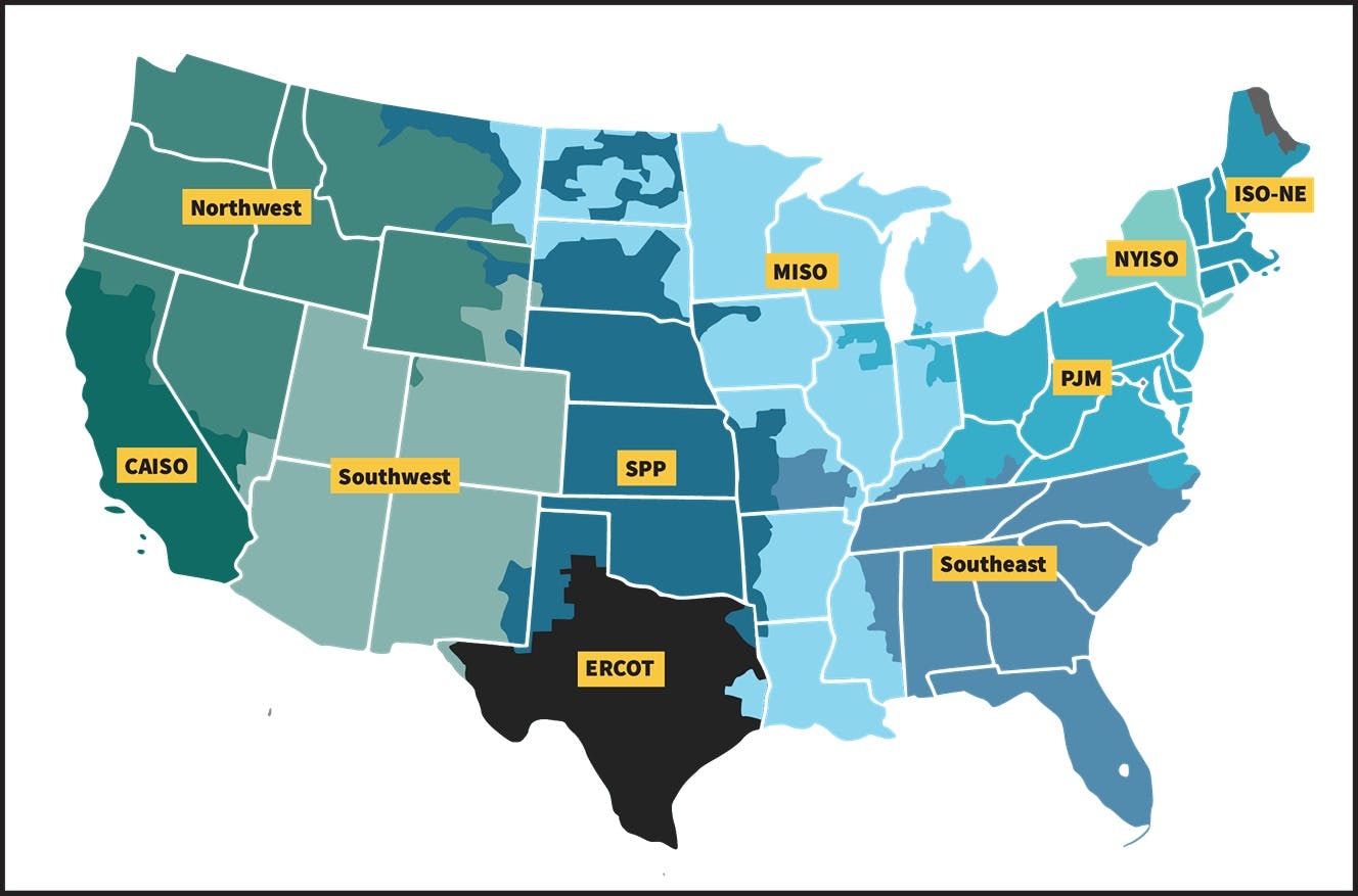 A map showing grid regions for the US, including RTOs and ISOs.