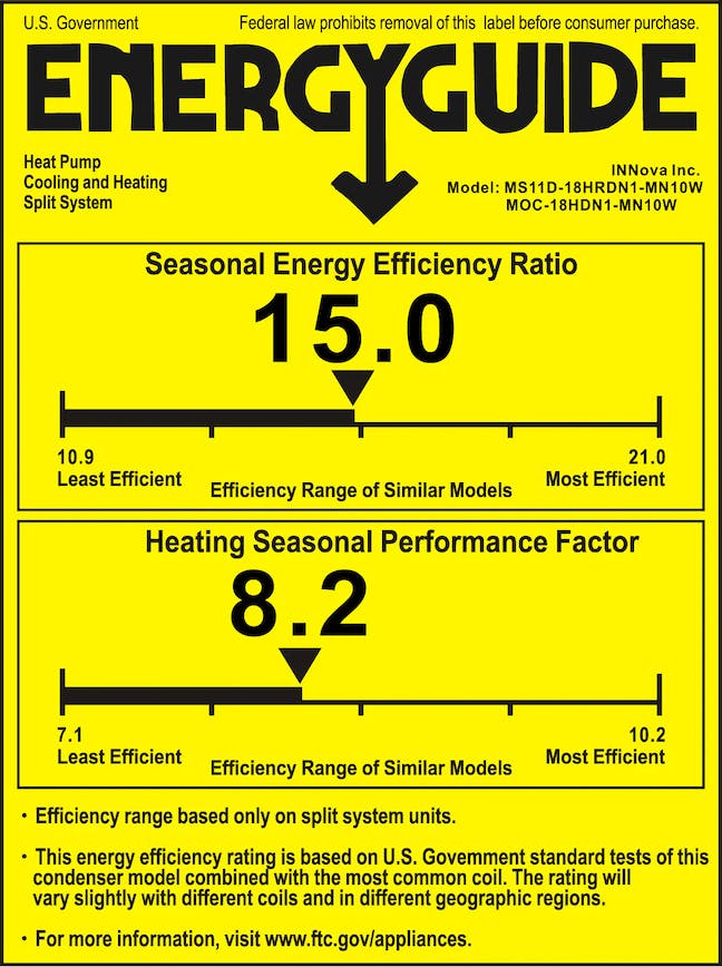 Energy Guide label for a heat pump with SEER and HSPF ratings shown