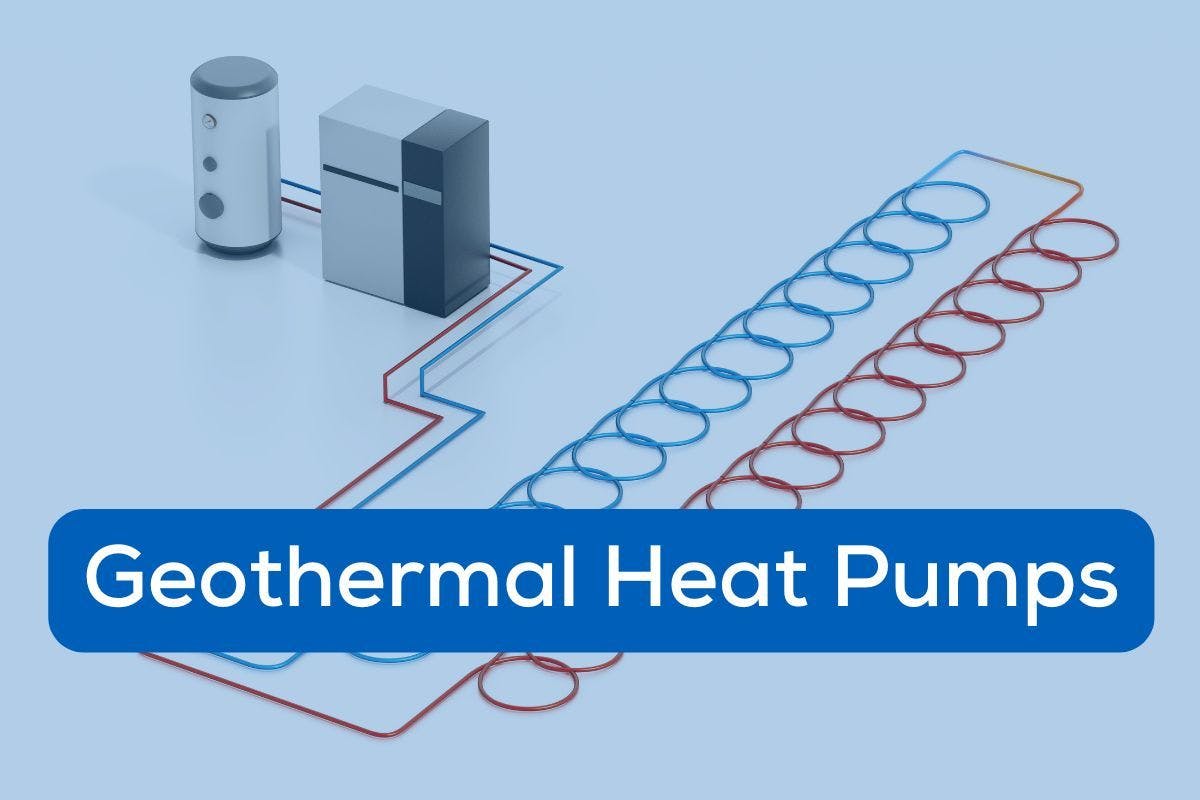 A representation of a geothermal heat pump with a title.