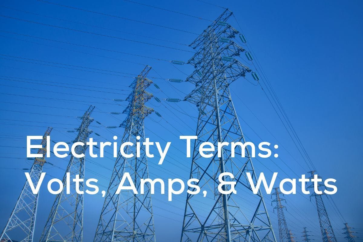 Electricity Terms: Volts, Amps, & Watts on a blue background showing electricity transmission towers and wires.