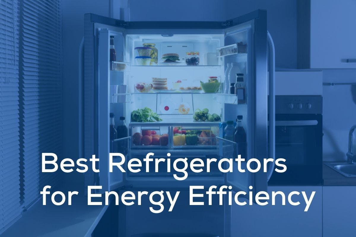 Best Refrigerators for Energy Efficiency on a blue background showing an open refrigerator.