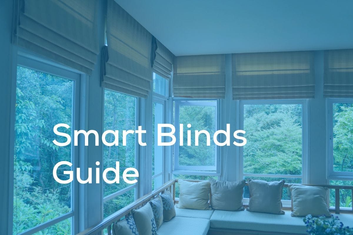 Smart Blinds Guide on a blue background showing windows with sun shades.