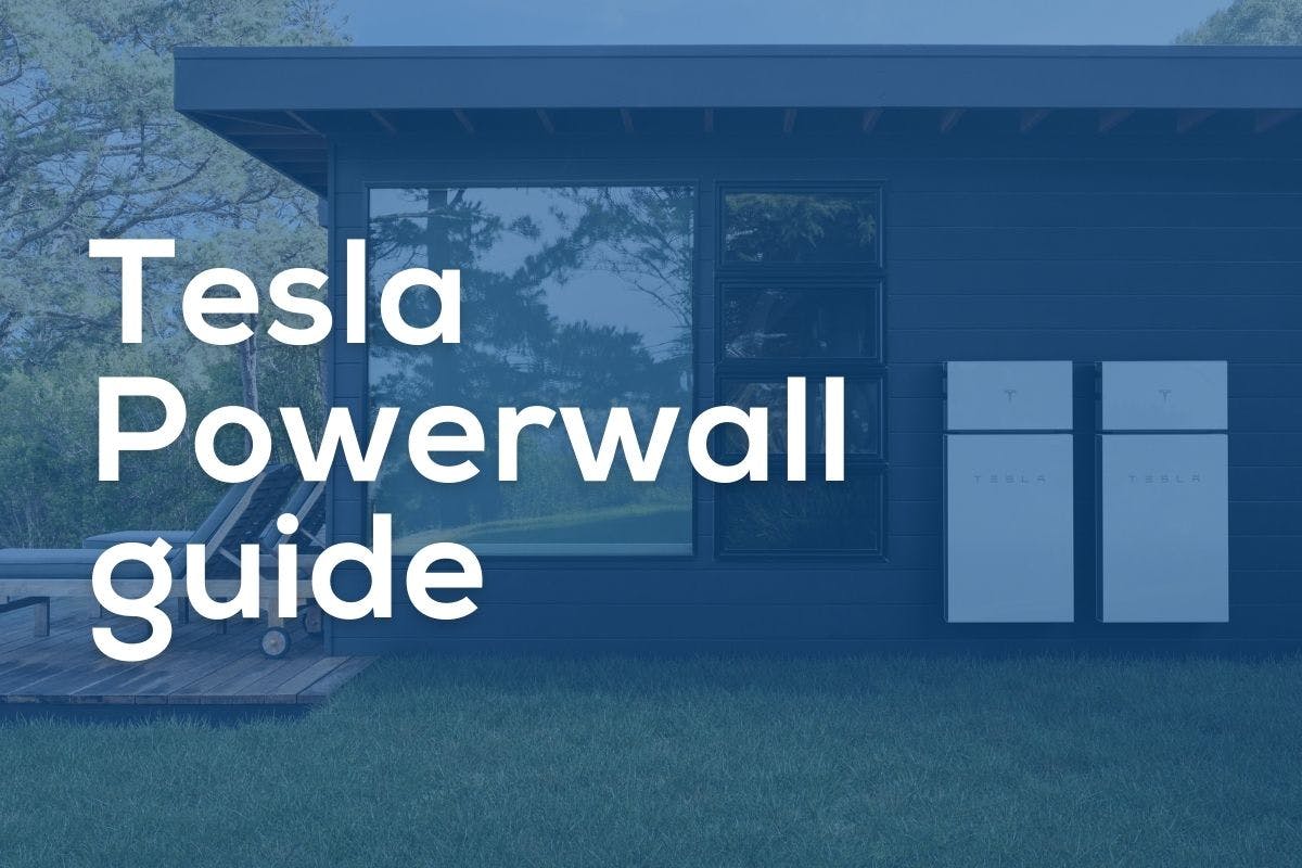 The words "Tesla Powerwall Guide" over images of two Tesla Powerwalls mounted to the side of a home, storing energy from solar panels.