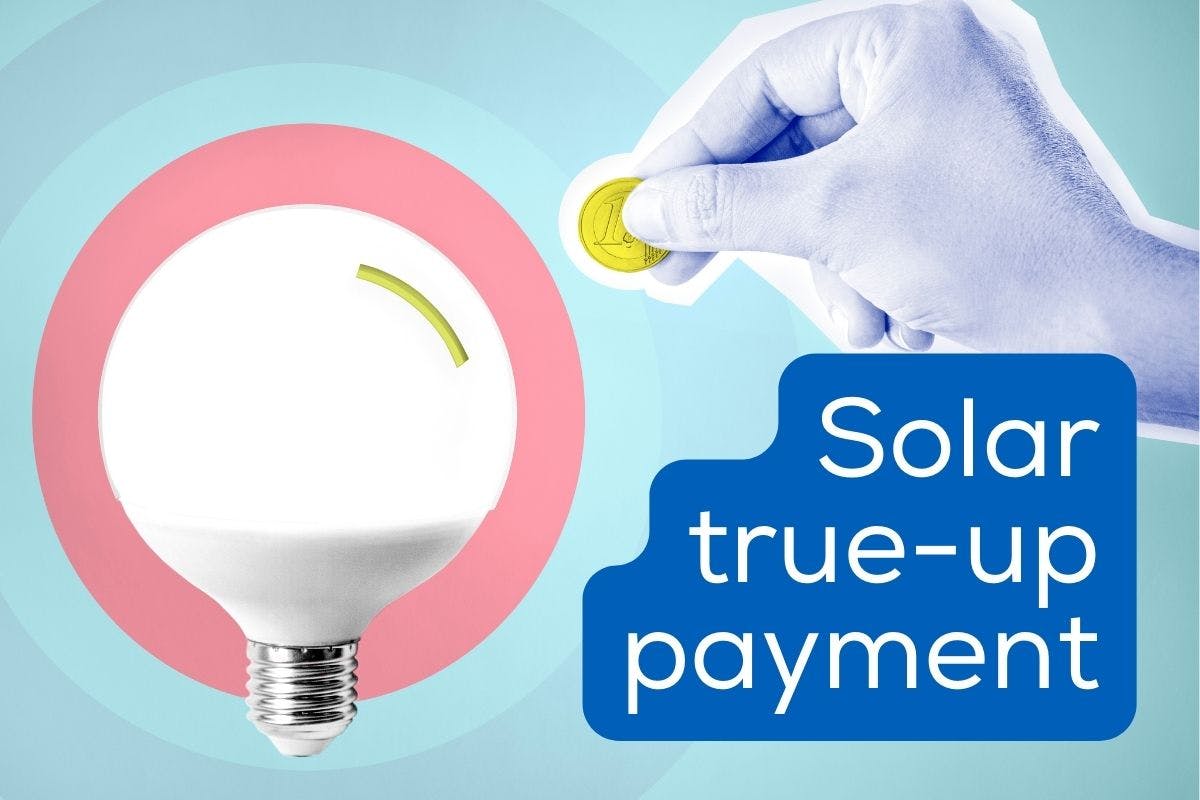The words "Solar True-Up Payment" over an image of a hand putting a coin into a lightbulb-shaped bank.