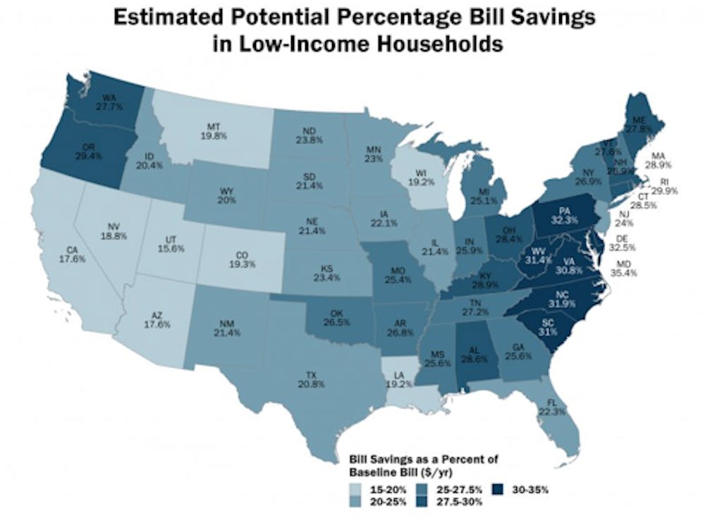 A map of the U.S. that illustrates how much low-income households could potentially save on energy bills through improved energy efficiency, according to the U.S. Department of Energy