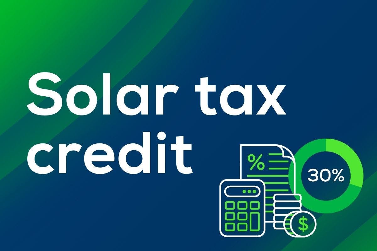 A graphic that illustrates the "solar tax credit" with an icon that represents the full 30% potential credit value on a blue and green background