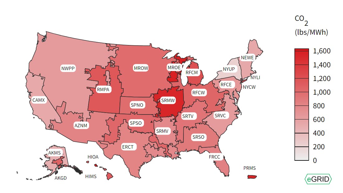 A map from the Environmental Protection Agency (EPA) that illustrates the average carbon dioxide emissions per MWh of utility power by region and state