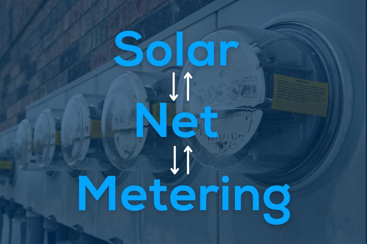 The words" Solar Net Metering" over a background of electric meters with arrows depicting the reversal of the flow of electricity that happens when rooftop solar owners generate more energy than they can consume so their meter runs backwards