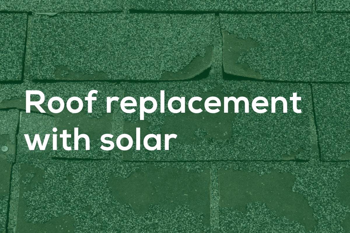 An old roof with the words "roof replacement with solar" on top to indicate that it is the ideal time to consider rooftop solar panels 