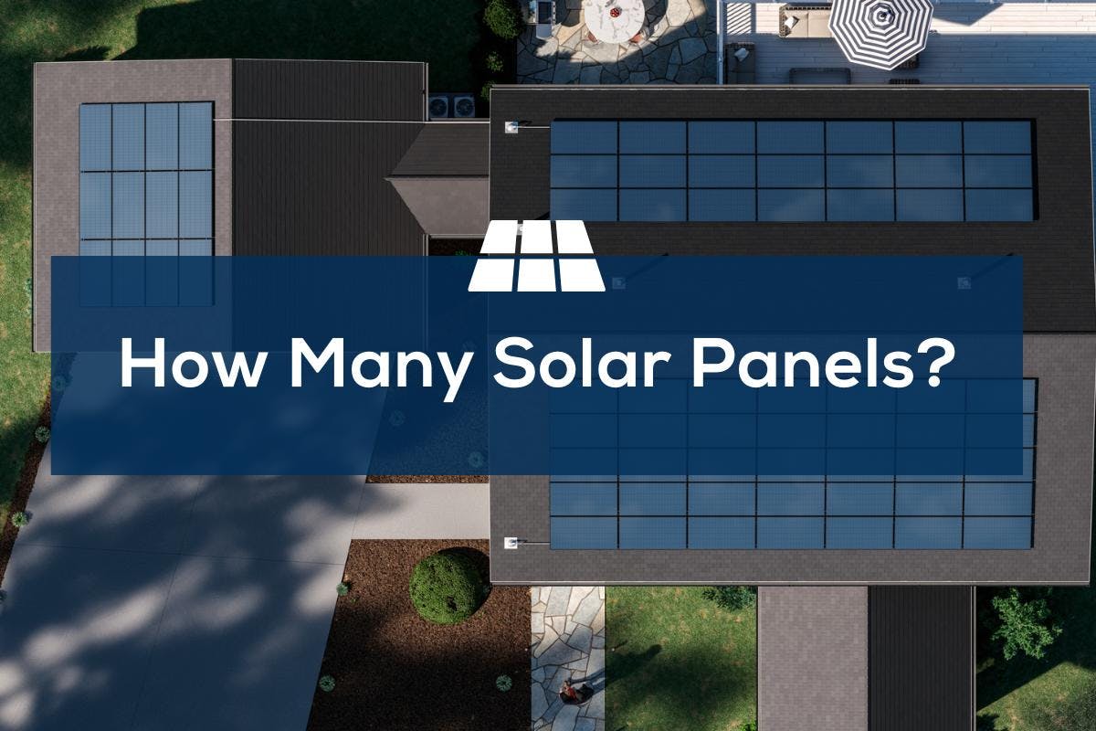 The question "How many solar panels" on top of an aerial view home with rooftop solar panels.