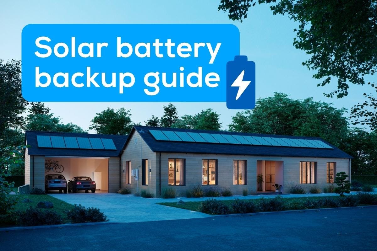 The words solar battery backup guide atop a house being powered by a solar battery at night