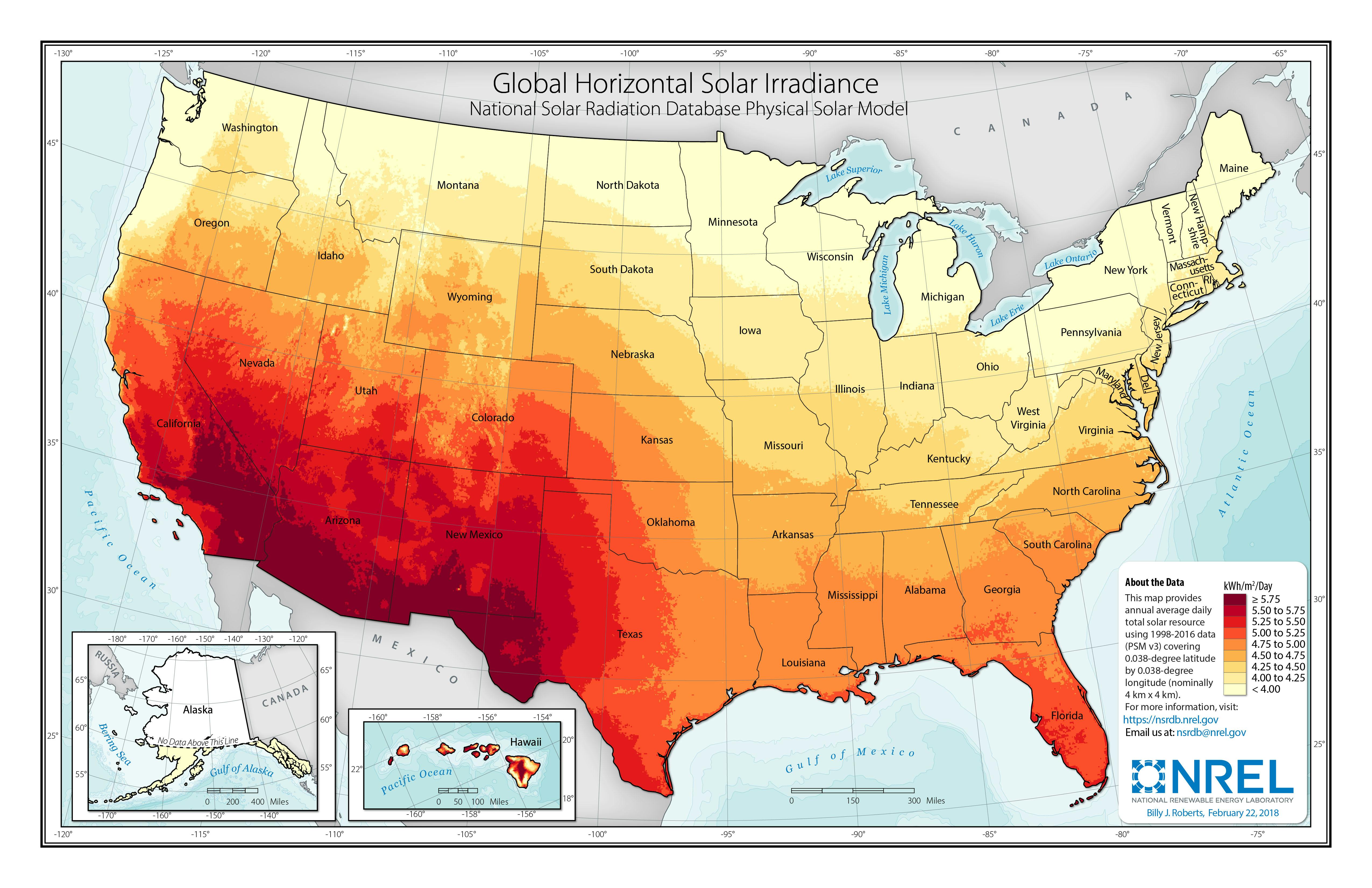 A map showing average annual solar irradiance for the United States