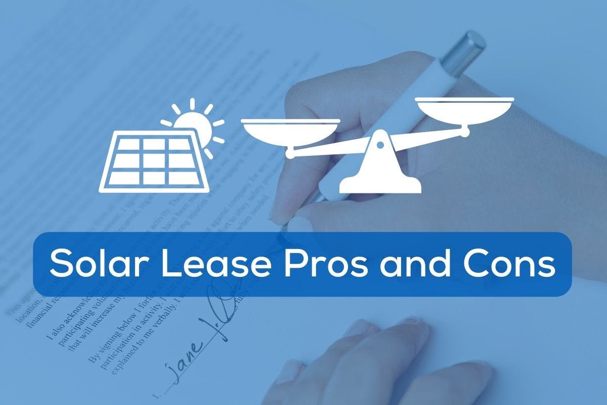 The words "solar lease pros and cons" on a blue background with an image of a solar panel and scales above them.