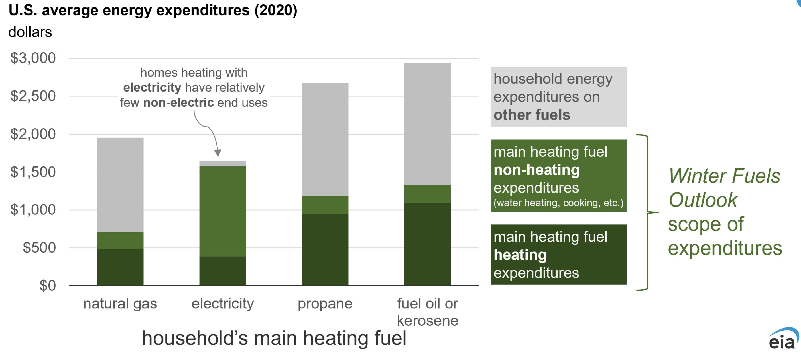 Graphs showing the average annual energy costs for homes by their heating fuels.