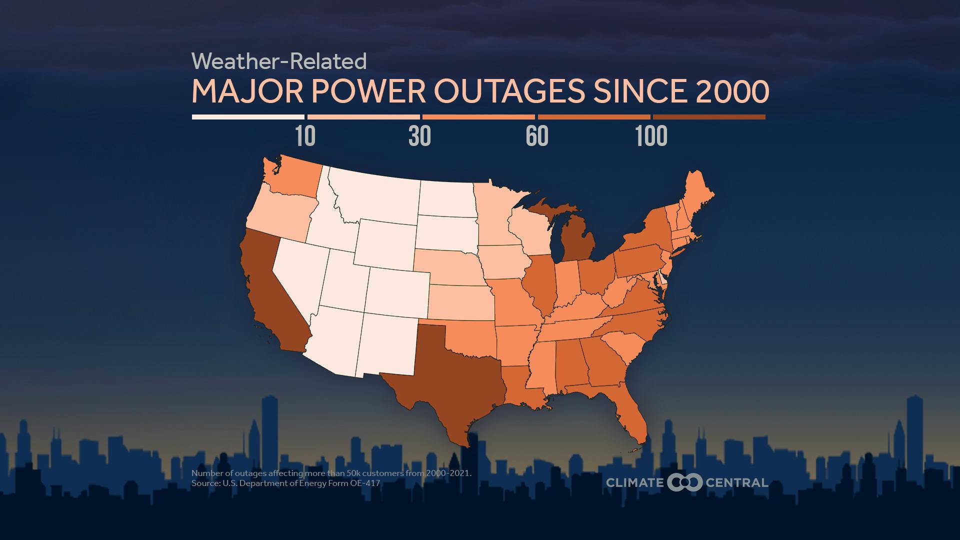 A map showing major power outages since 2000 across the United States.