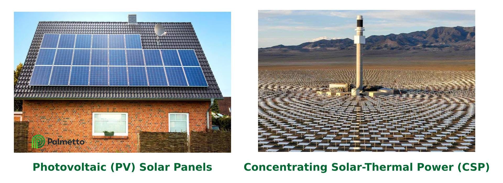 Two images side by side, one of rooftop solar panels and one of a concentrating solar-thermal power plant.